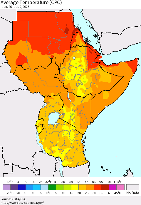 Eastern Africa Average Temperature (CPC) Thematic Map For 6/26/2023 - 7/2/2023