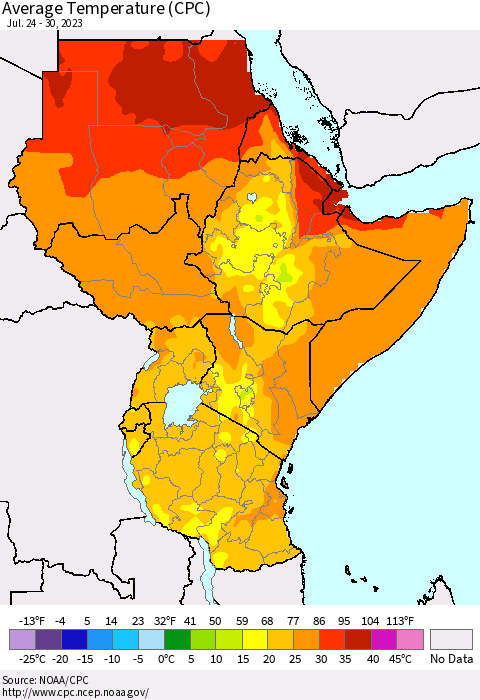 Eastern Africa Average Temperature (CPC) Thematic Map For 7/24/2023 - 7/30/2023
