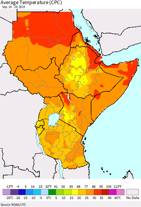 Eastern Africa Average Temperature (CPC) Thematic Map For 9/18/2023 - 9/24/2023