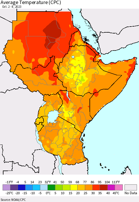 Eastern Africa Average Temperature (CPC) Thematic Map For 10/2/2023 - 10/8/2023