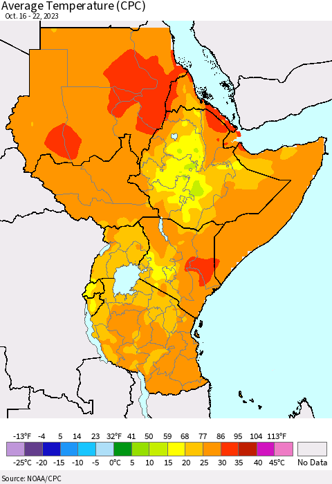 Eastern Africa Average Temperature (CPC) Thematic Map For 10/16/2023 - 10/22/2023