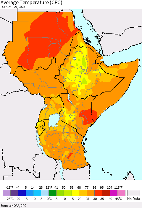 Eastern Africa Average Temperature (CPC) Thematic Map For 10/23/2023 - 10/29/2023