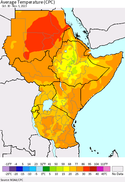 Eastern Africa Average Temperature (CPC) Thematic Map For 10/30/2023 - 11/5/2023