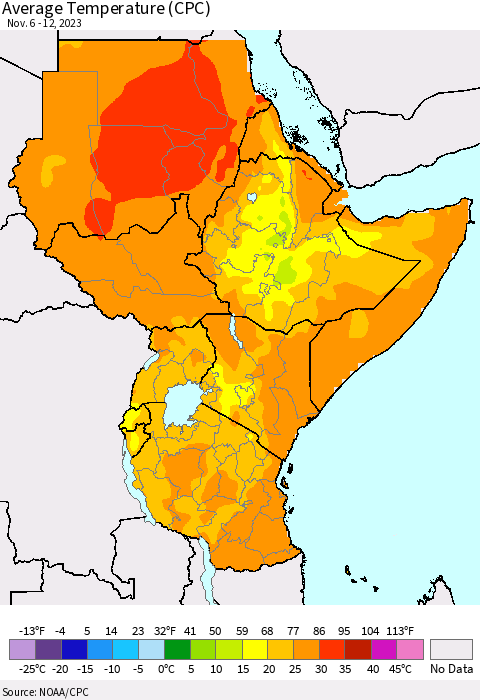 Eastern Africa Average Temperature (CPC) Thematic Map For 11/6/2023 - 11/12/2023