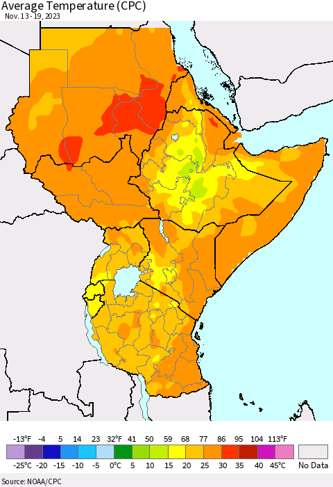 Eastern Africa Average Temperature (CPC) Thematic Map For 11/13/2023 - 11/19/2023