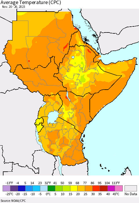 Eastern Africa Average Temperature (CPC) Thematic Map For 11/20/2023 - 11/26/2023