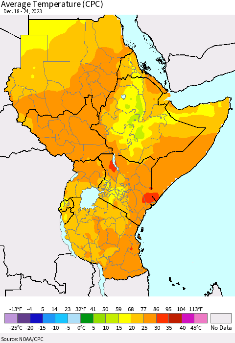 Eastern Africa Average Temperature (CPC) Thematic Map For 12/18/2023 - 12/24/2023