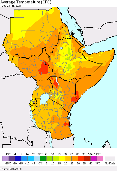 Eastern Africa Average Temperature (CPC) Thematic Map For 12/25/2023 - 12/31/2023