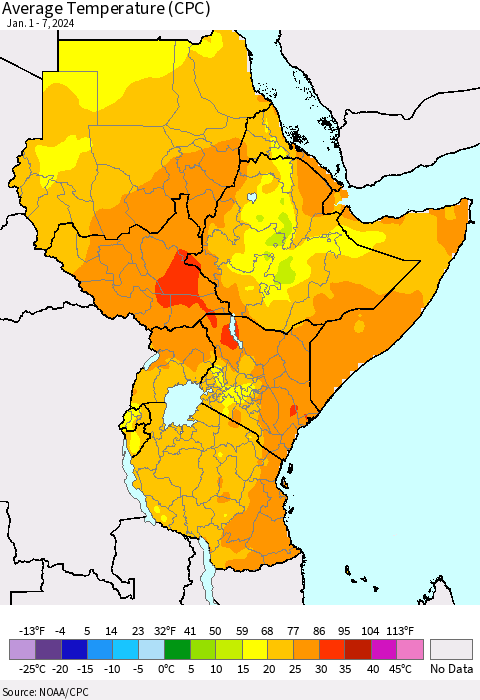 Eastern Africa Average Temperature (CPC) Thematic Map For 1/1/2024 - 1/7/2024