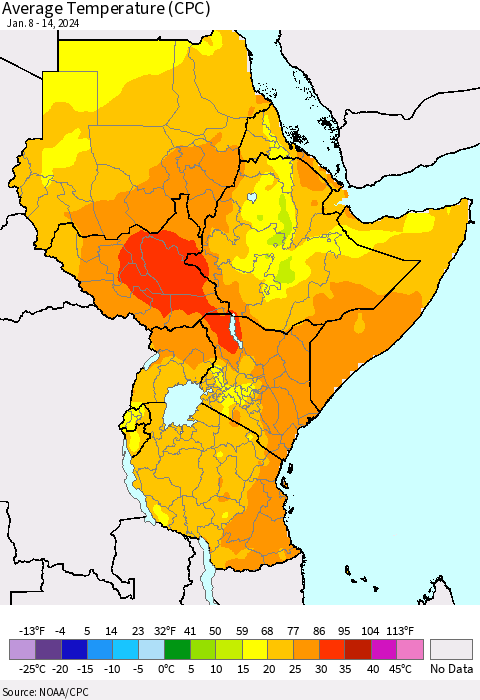 Eastern Africa Average Temperature (CPC) Thematic Map For 1/8/2024 - 1/14/2024