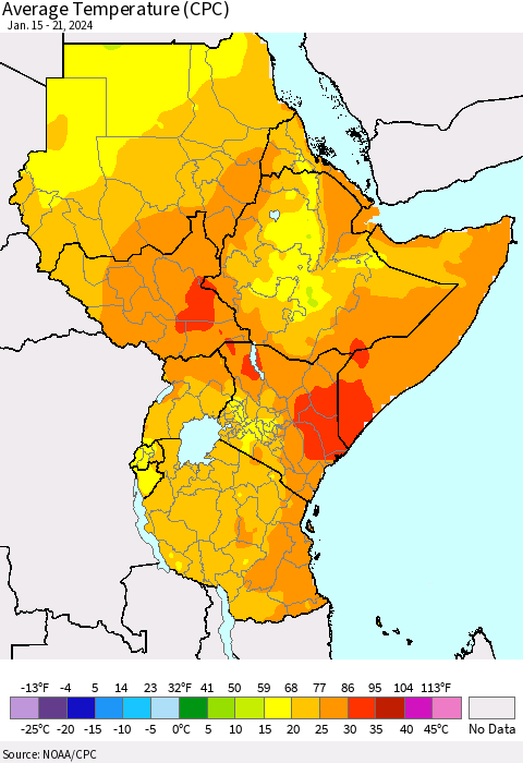 Eastern Africa Average Temperature (CPC) Thematic Map For 1/15/2024 - 1/21/2024