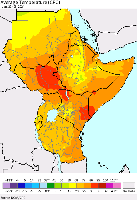 Eastern Africa Average Temperature (CPC) Thematic Map For 1/22/2024 - 1/28/2024