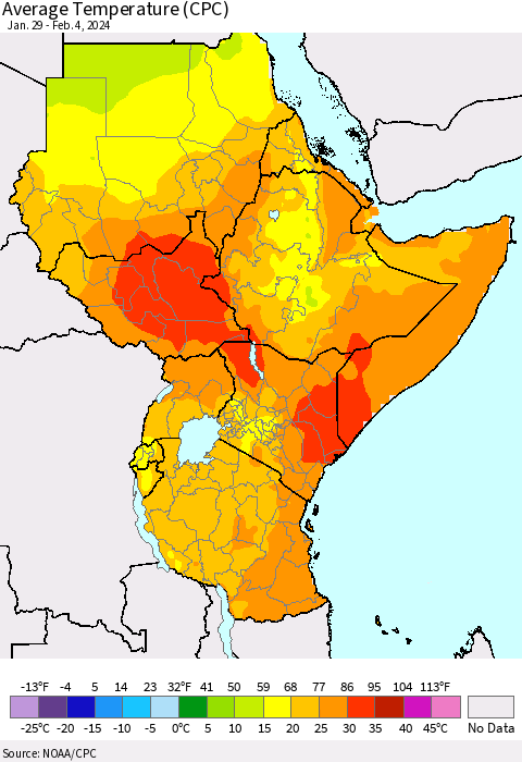 Eastern Africa Average Temperature (CPC) Thematic Map For 1/29/2024 - 2/4/2024