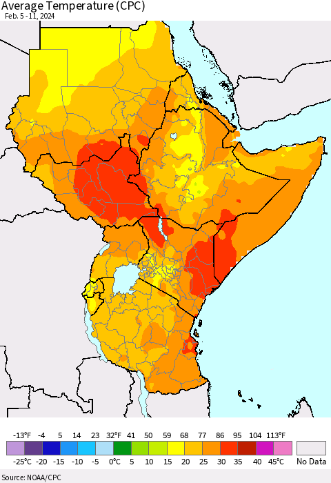 Eastern Africa Average Temperature (CPC) Thematic Map For 2/5/2024 - 2/11/2024
