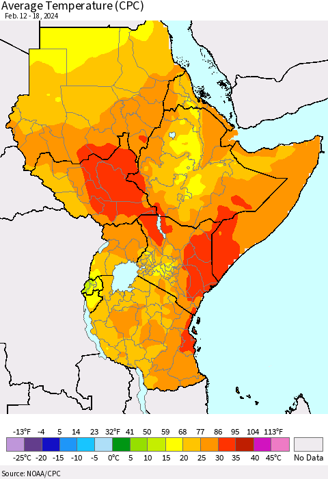 Eastern Africa Average Temperature (CPC) Thematic Map For 2/12/2024 - 2/18/2024