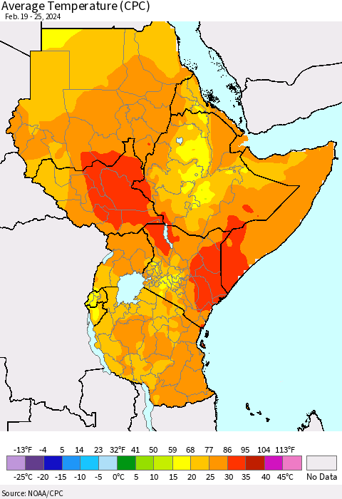 Eastern Africa Average Temperature (CPC) Thematic Map For 2/19/2024 - 2/25/2024