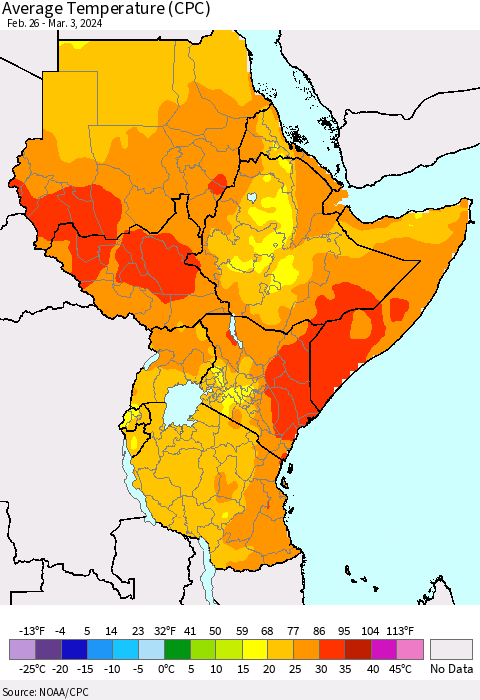 Eastern Africa Average Temperature (CPC) Thematic Map For 2/26/2024 - 3/3/2024