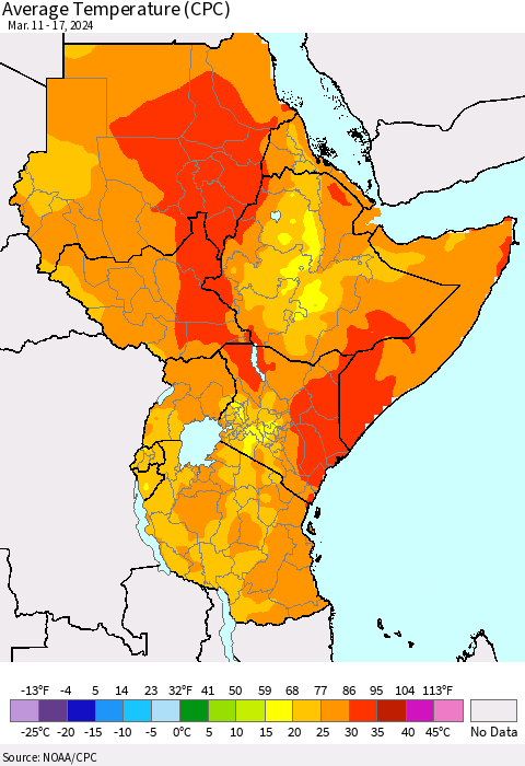 Eastern Africa Average Temperature (CPC) Thematic Map For 3/11/2024 - 3/17/2024