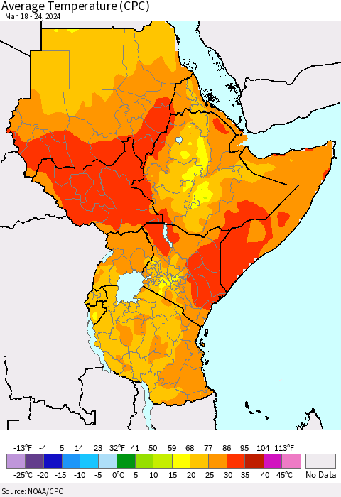 Eastern Africa Average Temperature (CPC) Thematic Map For 3/18/2024 - 3/24/2024