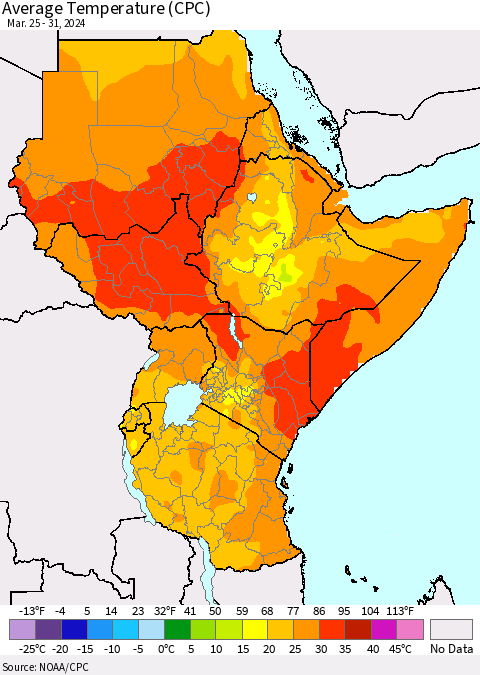 Eastern Africa Average Temperature (CPC) Thematic Map For 3/25/2024 - 3/31/2024