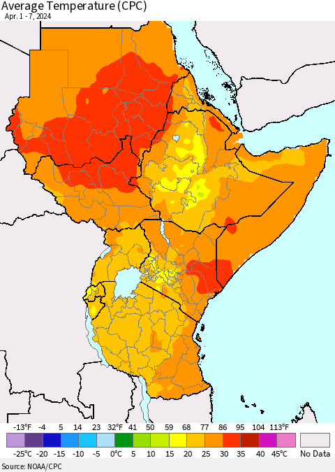Eastern Africa Average Temperature (CPC) Thematic Map For 4/1/2024 - 4/7/2024