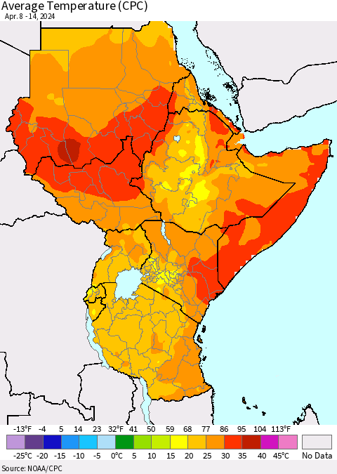 Eastern Africa Average Temperature (CPC) Thematic Map For 4/8/2024 - 4/14/2024
