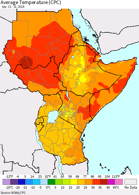 Eastern Africa Average Temperature (CPC) Thematic Map For 4/15/2024 - 4/21/2024