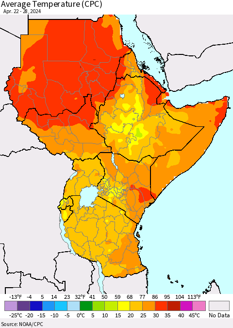Eastern Africa Average Temperature (CPC) Thematic Map For 4/22/2024 - 4/28/2024