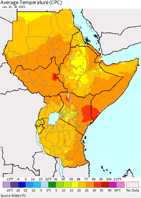 Eastern Africa Average Temperature (CPC) Thematic Map For 1/20/2025 - 1/26/2025