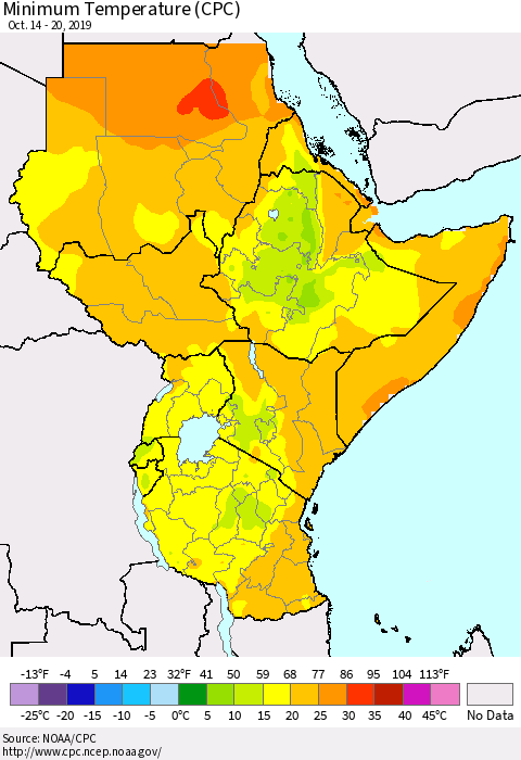 Eastern Africa Mean Minimum Temperature (CPC) Thematic Map For 10/14/2019 - 10/20/2019