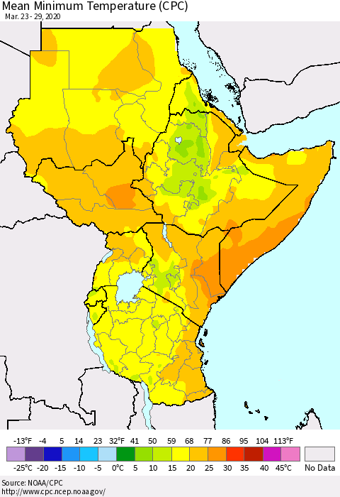 Eastern Africa Mean Minimum Temperature (CPC) Thematic Map For 3/23/2020 - 3/29/2020