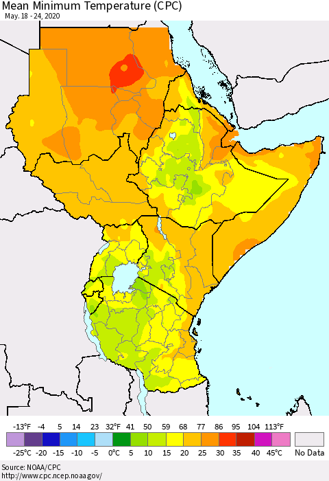 Eastern Africa Mean Minimum Temperature (CPC) Thematic Map For 5/18/2020 - 5/24/2020