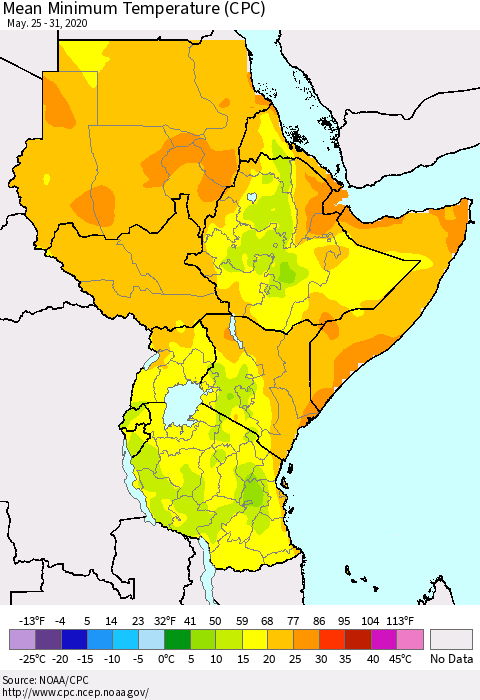 Eastern Africa Mean Minimum Temperature (CPC) Thematic Map For 5/25/2020 - 5/31/2020