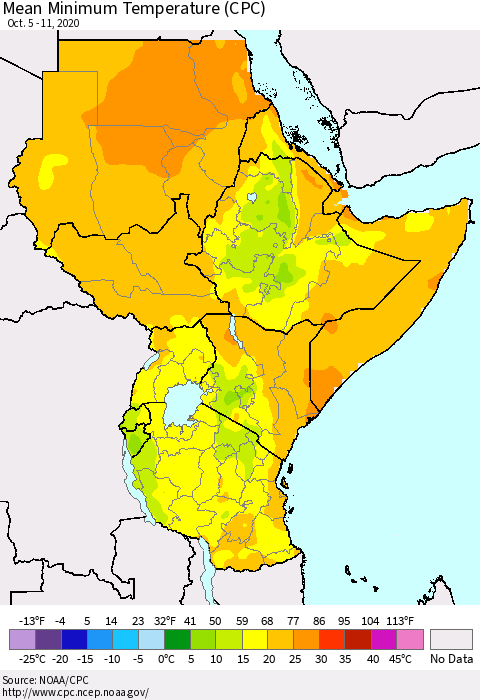 Eastern Africa Minimum Temperature (CPC) Thematic Map For 10/5/2020 - 10/11/2020