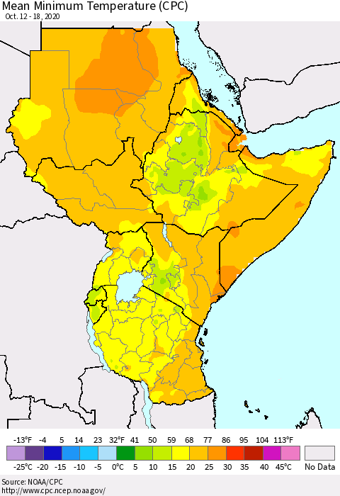 Eastern Africa Minimum Temperature (CPC) Thematic Map For 10/12/2020 - 10/18/2020