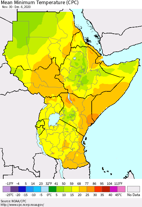 Eastern Africa Minimum Temperature (CPC) Thematic Map For 11/30/2020 - 12/6/2020