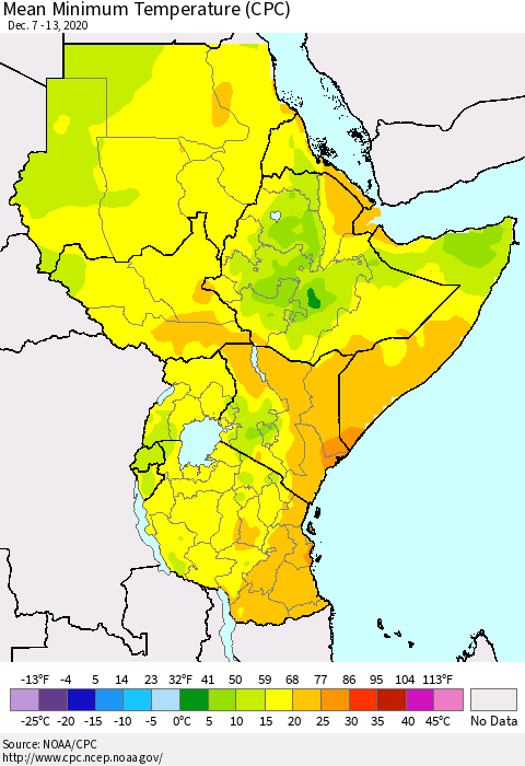 Eastern Africa Minimum Temperature (CPC) Thematic Map For 12/7/2020 - 12/13/2020