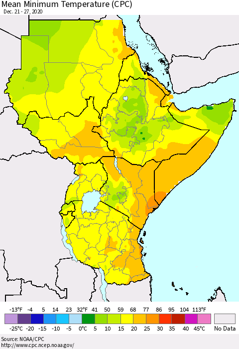 Eastern Africa Minimum Temperature (CPC) Thematic Map For 12/21/2020 - 12/27/2020
