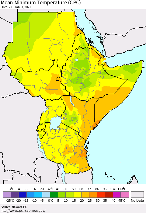 Eastern Africa Minimum Temperature (CPC) Thematic Map For 12/28/2020 - 1/3/2021