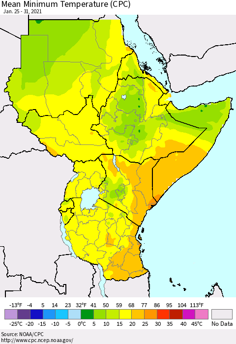 Eastern Africa Minimum Temperature (CPC) Thematic Map For 1/25/2021 - 1/31/2021