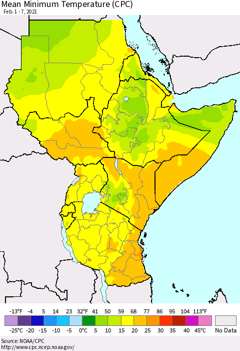 Eastern Africa Minimum Temperature (CPC) Thematic Map For 2/1/2021 - 2/7/2021