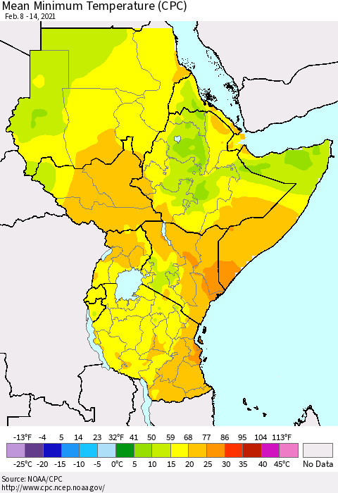 Eastern Africa Minimum Temperature (CPC) Thematic Map For 2/8/2021 - 2/14/2021