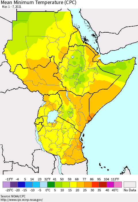 Eastern Africa Minimum Temperature (CPC) Thematic Map For 3/1/2021 - 3/7/2021