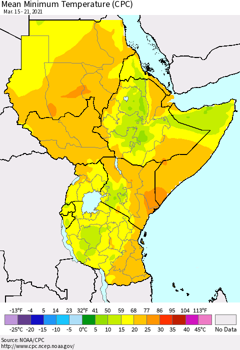 Eastern Africa Minimum Temperature (CPC) Thematic Map For 3/15/2021 - 3/21/2021