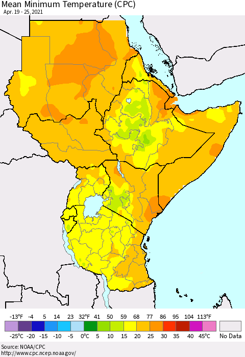 Eastern Africa Mean Minimum Temperature (CPC) Thematic Map For 4/19/2021 - 4/25/2021