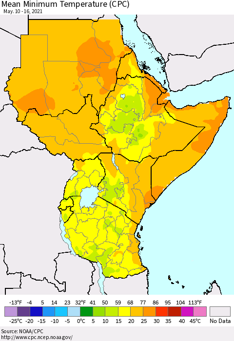 Eastern Africa Minimum Temperature (CPC) Thematic Map For 5/10/2021 - 5/16/2021