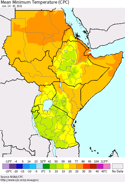 Eastern Africa Minimum Temperature (CPC) Thematic Map For 6/14/2021 - 6/20/2021