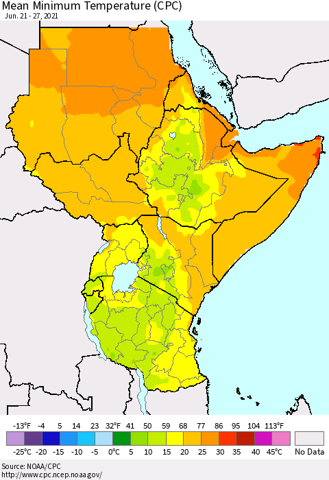 Eastern Africa Minimum Temperature (CPC) Thematic Map For 6/21/2021 - 6/27/2021