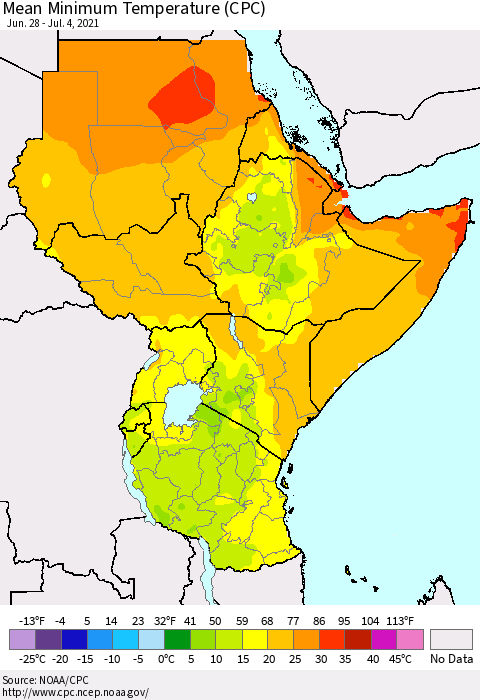 Eastern Africa Minimum Temperature (CPC) Thematic Map For 6/28/2021 - 7/4/2021