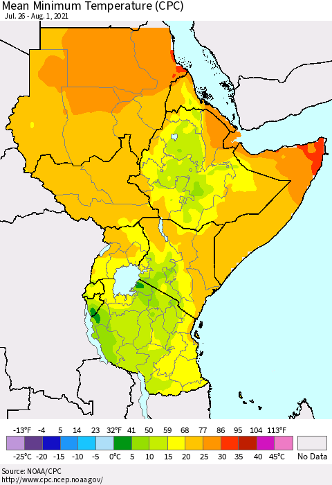 Eastern Africa Minimum Temperature (CPC) Thematic Map For 7/26/2021 - 8/1/2021